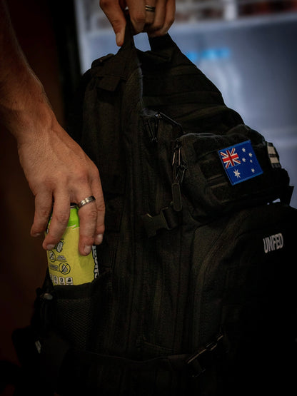 45L Stealth Black backpack back panel with padded shoulder straps and airflow channels